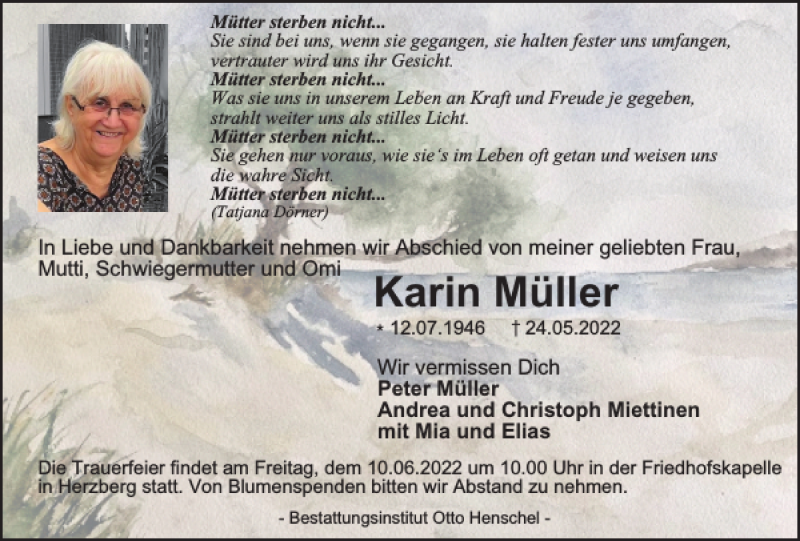  Traueranzeige für Karin Müller vom 04.06.2022 aus Harz Kurier