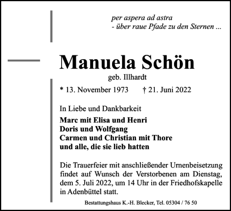  Traueranzeige für Manuela Schön vom 28.06.2022 aus Harz Kurier