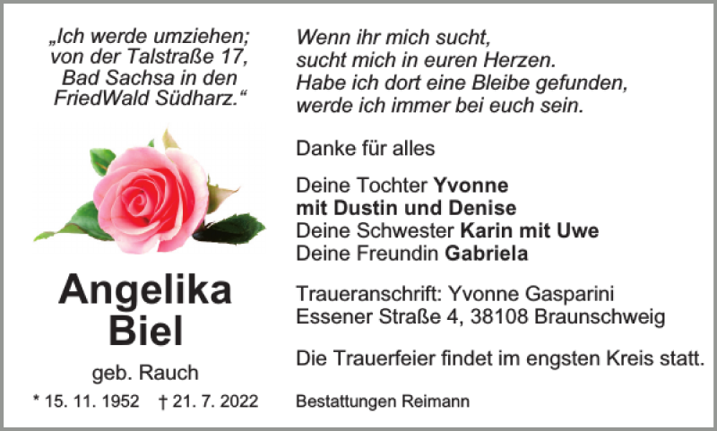  Traueranzeige für Angelika Biel vom 30.07.2022 aus Harz Kurier