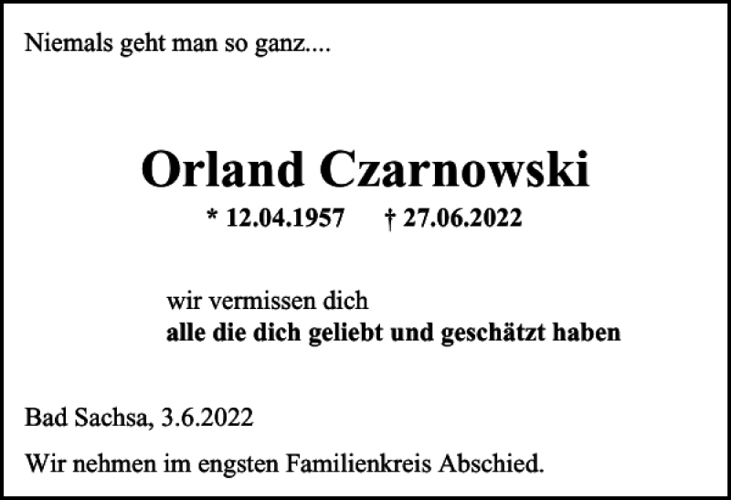  Traueranzeige für Orland Czarnowski vom 05.07.2022 aus Harz Kurier