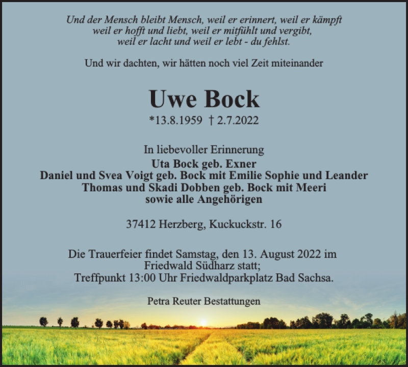  Traueranzeige für Uwe Bock vom 09.07.2022 aus Harz Kurier
