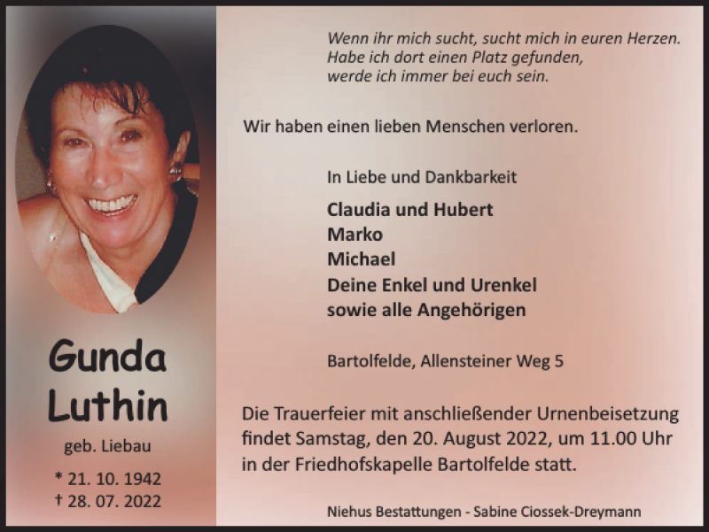  Traueranzeige für Gunda Luthin vom 03.08.2022 aus Harz Kurier