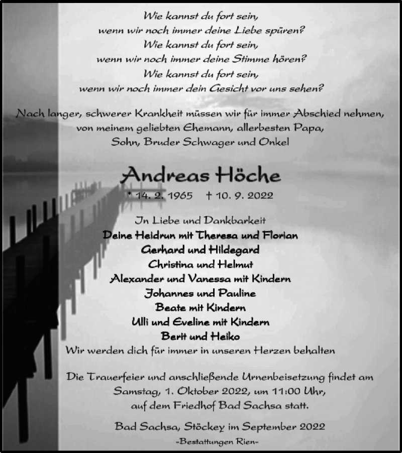  Traueranzeige für Andreas Höche vom 24.09.2022 aus Harz Kurier