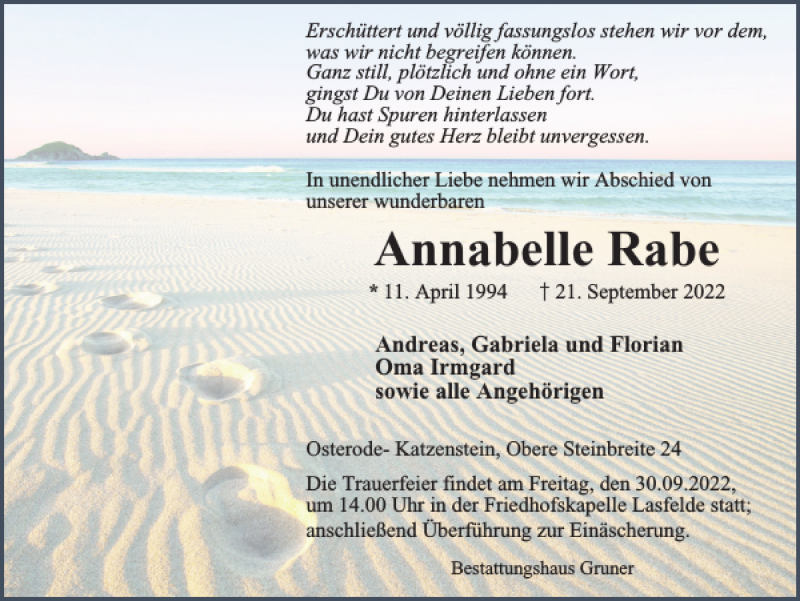  Traueranzeige für Annabelle Rabe vom 28.09.2022 aus Harz Kurier