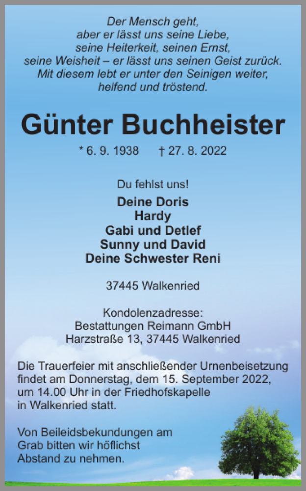  Traueranzeige für Günter Buchheister vom 03.09.2022 aus Harz Kurier