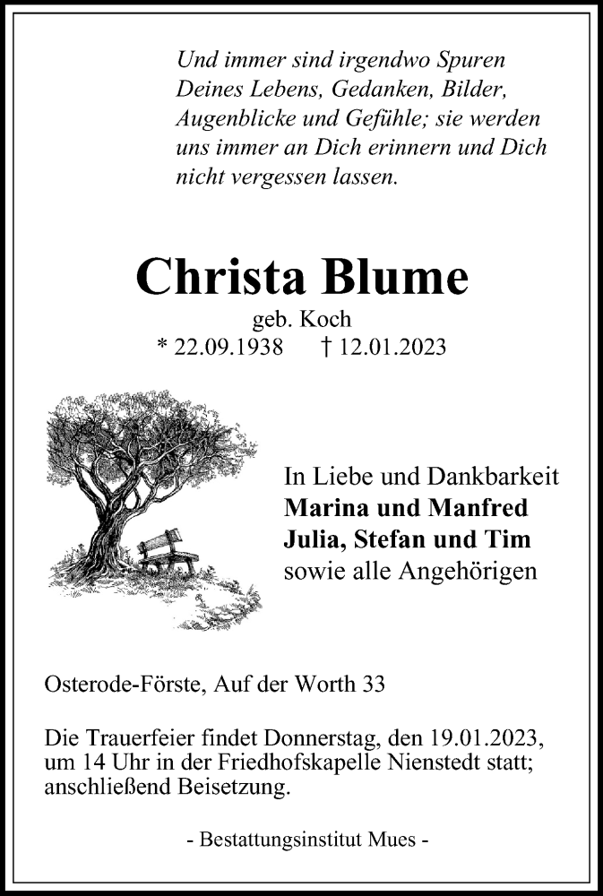  Traueranzeige für Christa Blume vom 17.01.2023 aus Harz Kurier