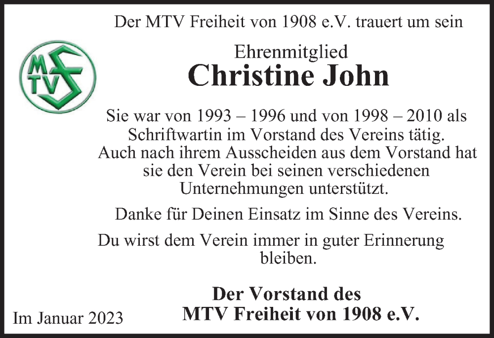  Traueranzeige für Christine John vom 21.01.2023 aus Harz Kurier