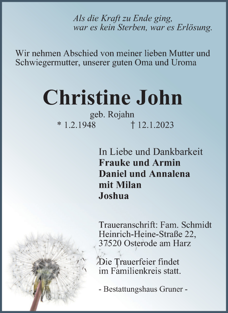  Traueranzeige für Christine John vom 17.01.2023 aus Harz Kurier