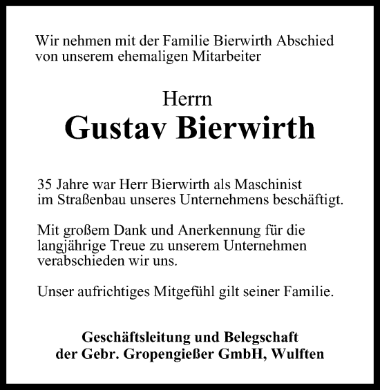 Traueranzeige von Gustav Bierwirth von Harz Kurier