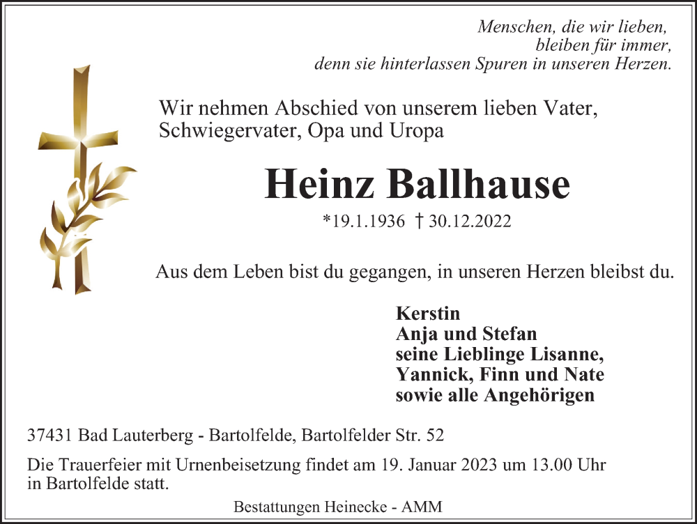  Traueranzeige für Heinz Ballhause vom 14.01.2023 aus Harz Kurier