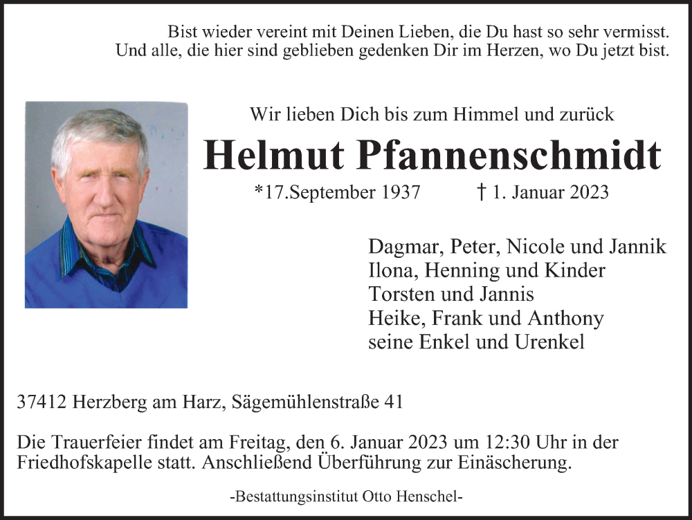  Traueranzeige für Helmut Pfannenschmidt vom 04.01.2023 aus Harz Kurier