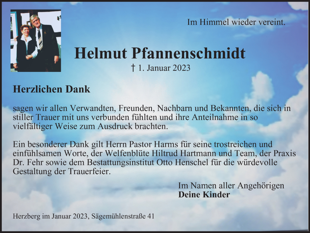  Traueranzeige für Helmut Pfannenschmidt vom 28.01.2023 aus Harz Kurier