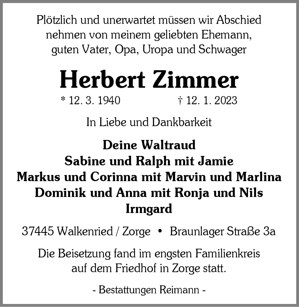  Traueranzeige für Herbert Zimmer vom 21.01.2023 aus Harz Kurier