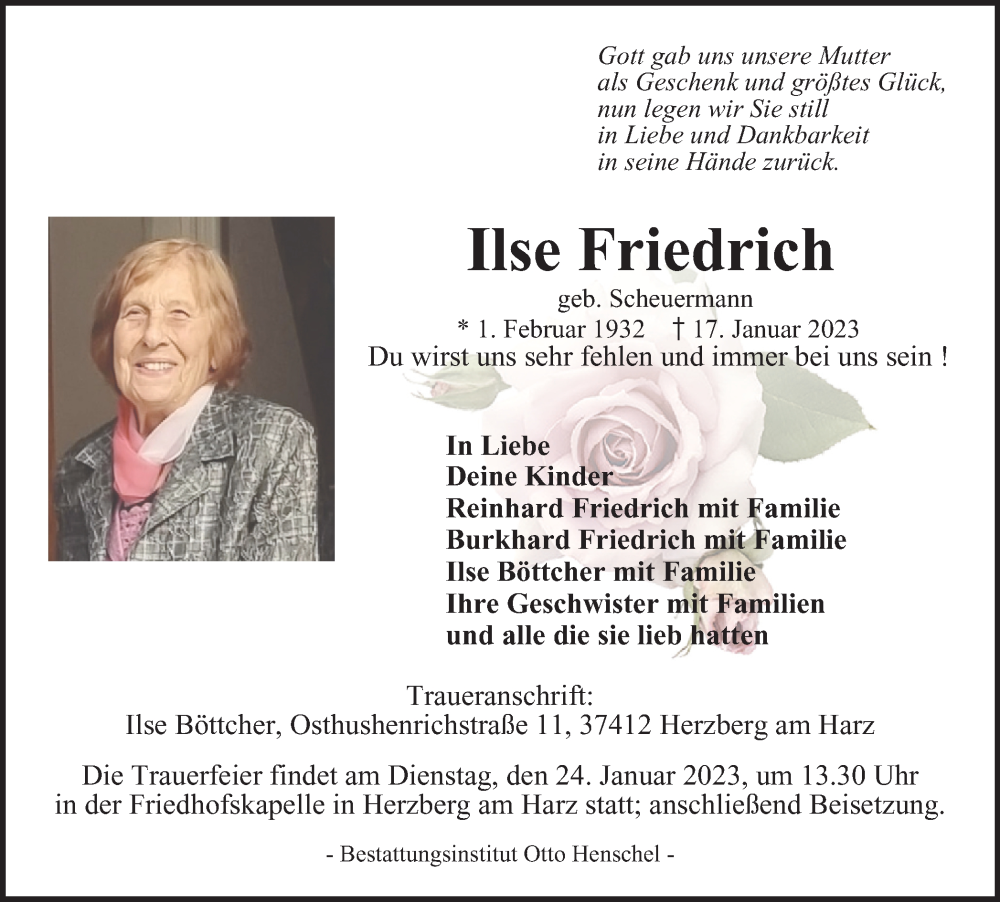  Traueranzeige für Ilse Friedrich vom 21.01.2023 aus Harz Kurier