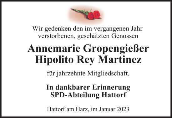 Traueranzeige von Im Gedenken SPD-Abteilung Hattorf von Harz Kurier