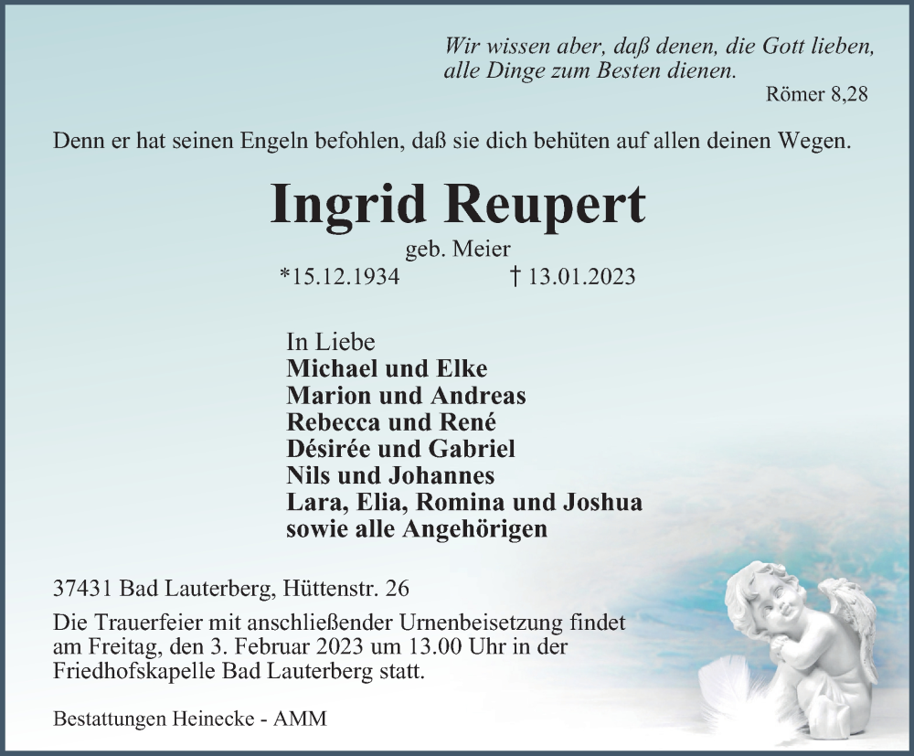  Traueranzeige für Ingrid Reupert vom 21.01.2023 aus Harz Kurier