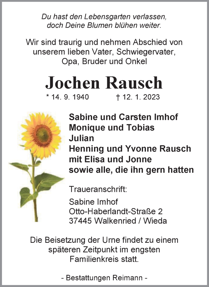  Traueranzeige für Jochen Rausch vom 18.01.2023 aus Harz Kurier