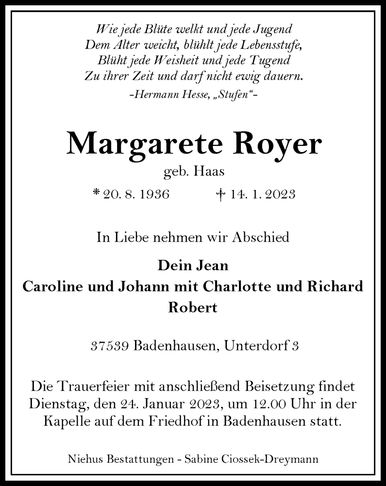  Traueranzeige für Margarete Royer vom 21.01.2023 aus Harz Kurier