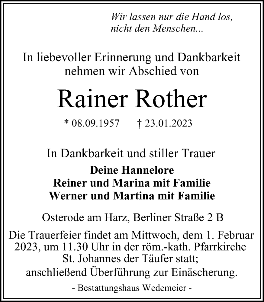  Traueranzeige für Rainer Rother vom 28.01.2023 aus Harz Kurier