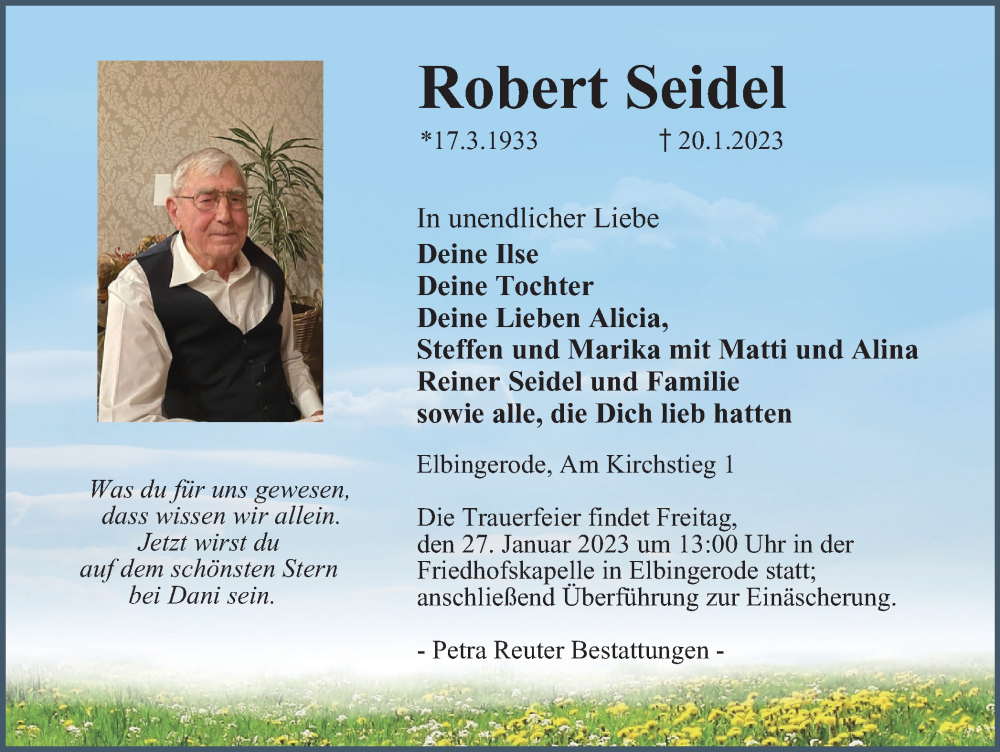  Traueranzeige für Robert Seidel vom 25.01.2023 aus Harz Kurier
