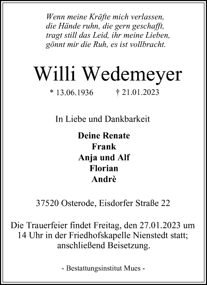  Traueranzeige für Willi Wedemeyer vom 25.01.2023 aus Harz Kurier
