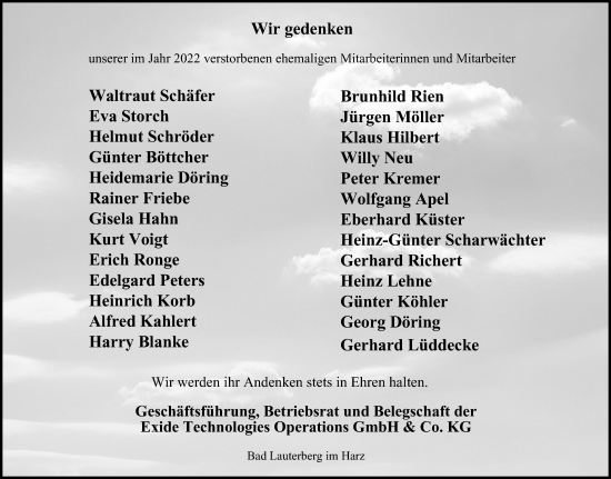 Traueranzeige von Wir gedenken Exide Technologies Operations GmbH  Co. KG von Harz Kurier