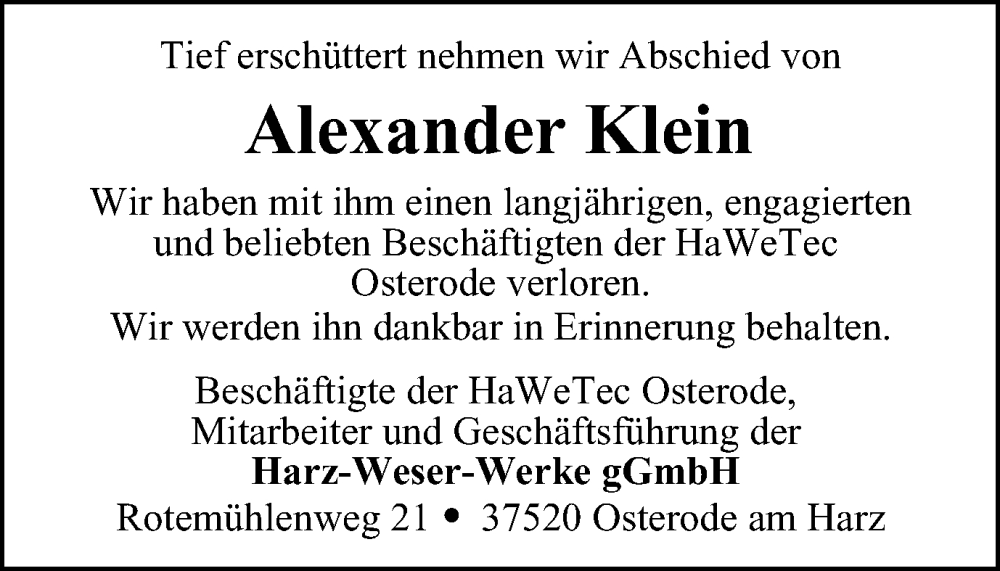  Traueranzeige für Alexander Klein vom 14.10.2023 aus Harz Kurier