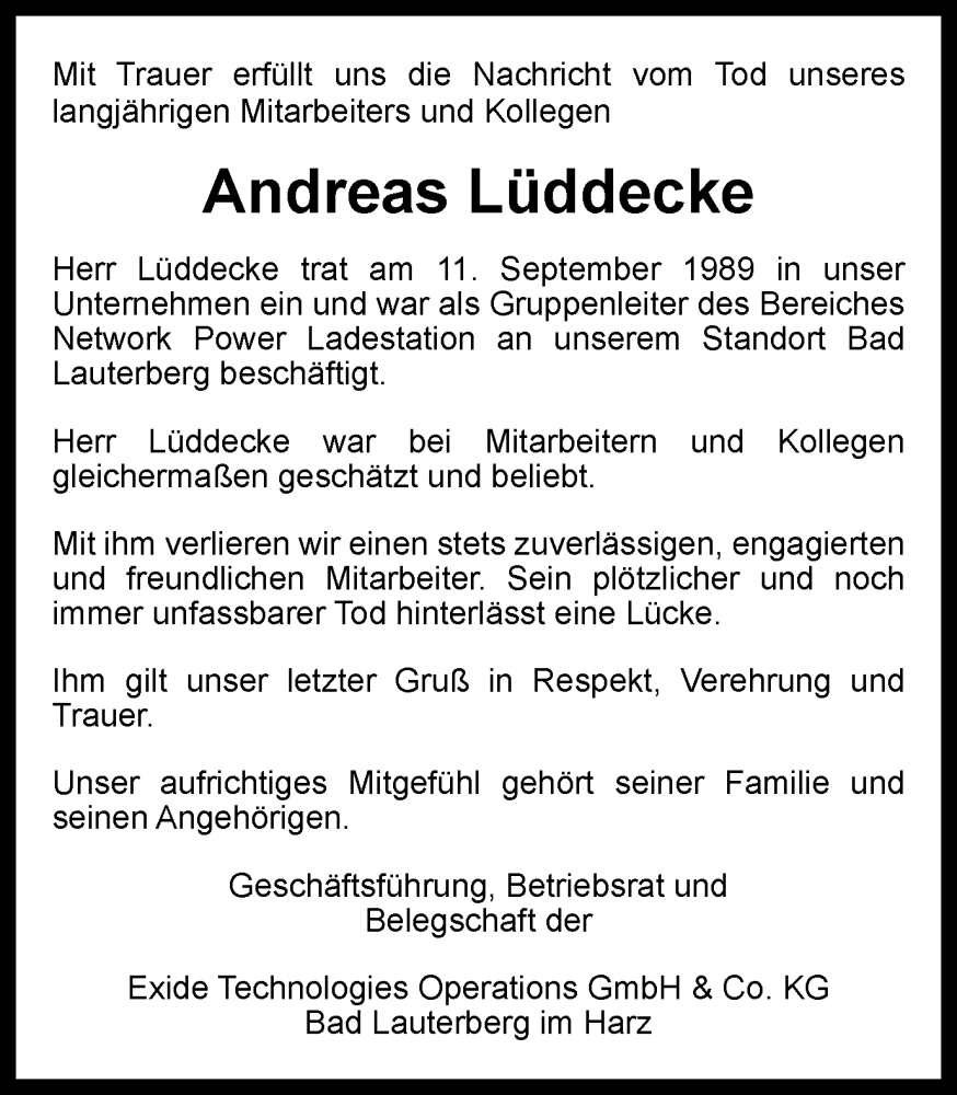  Traueranzeige für Andreas Lüddecke vom 18.10.2023 aus Harz Kurier