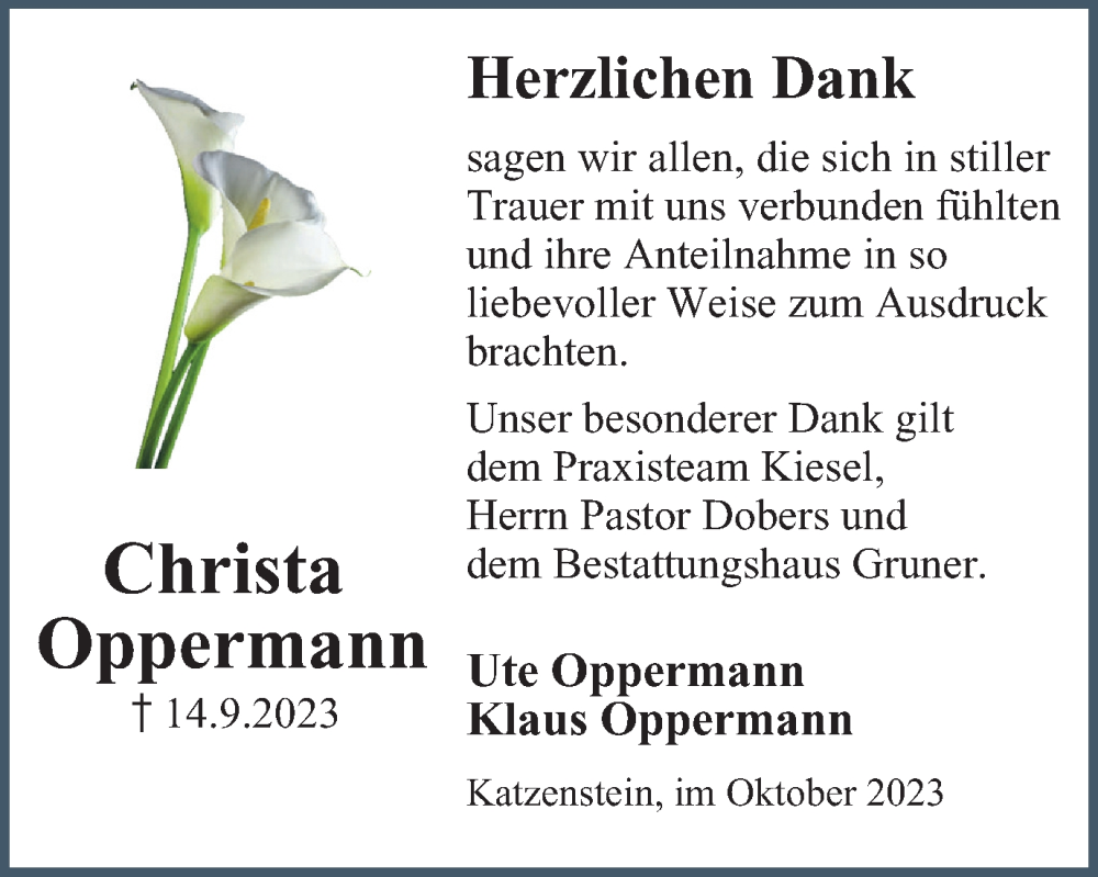  Traueranzeige für Christa Oppermann vom 21.10.2023 aus Harz Kurier