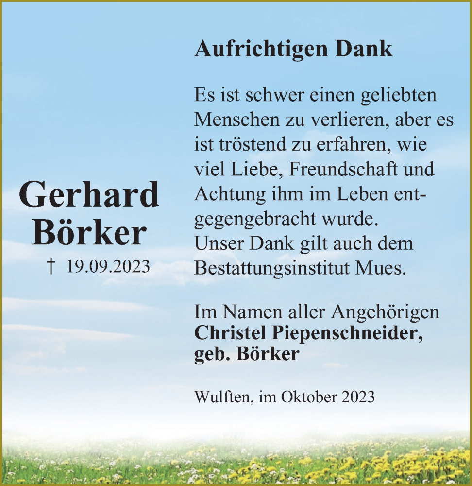  Traueranzeige für Gerhard Börker vom 21.10.2023 aus Harz Kurier
