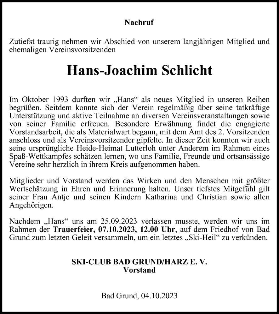  Traueranzeige für Hans-Joachim  Schlicht vom 06.10.2023 aus Harz Kurier