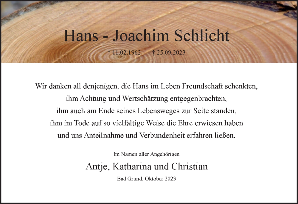  Traueranzeige für Hans-Joachim  Schlicht vom 28.10.2023 aus Harz Kurier