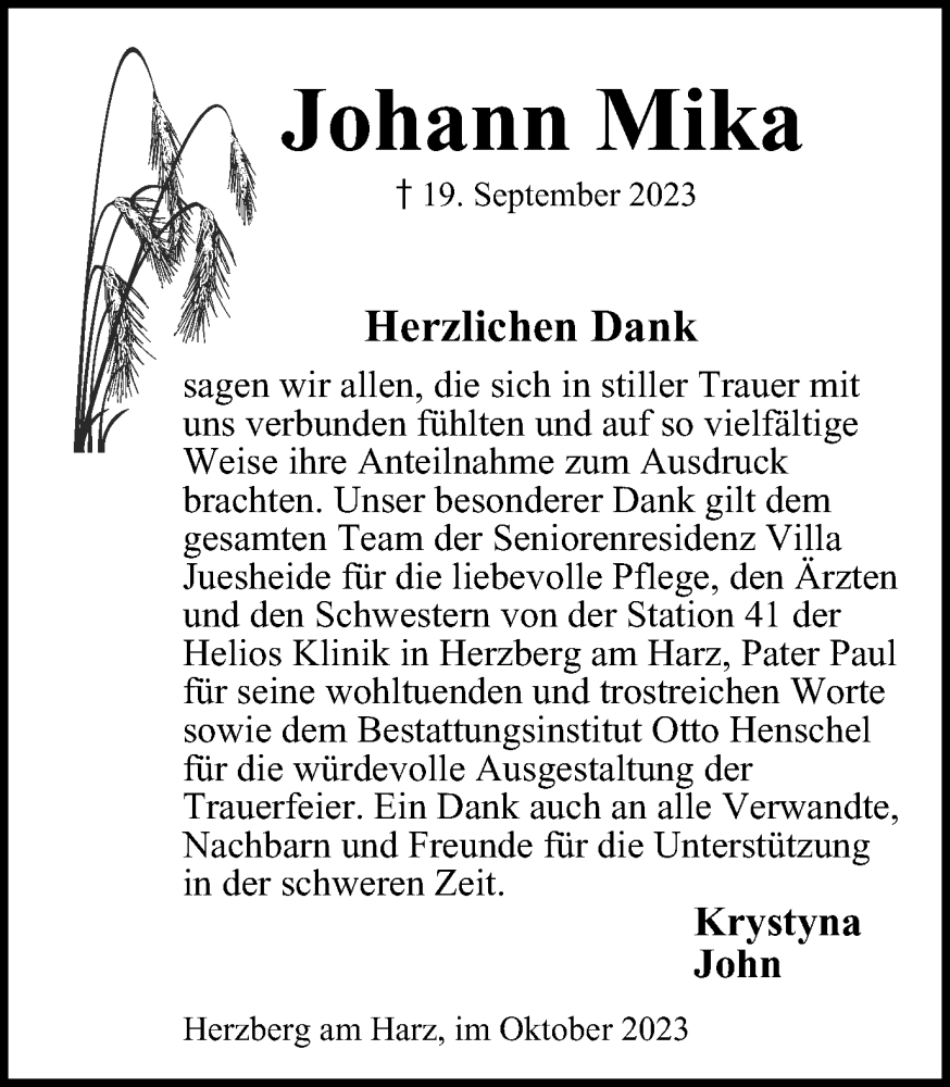  Traueranzeige für Johann Mika vom 14.10.2023 aus Harz Kurier