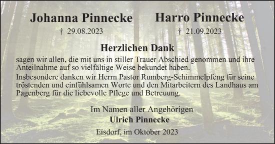 Traueranzeige von Johanna und Harro Pinnecke von Harz Kurier