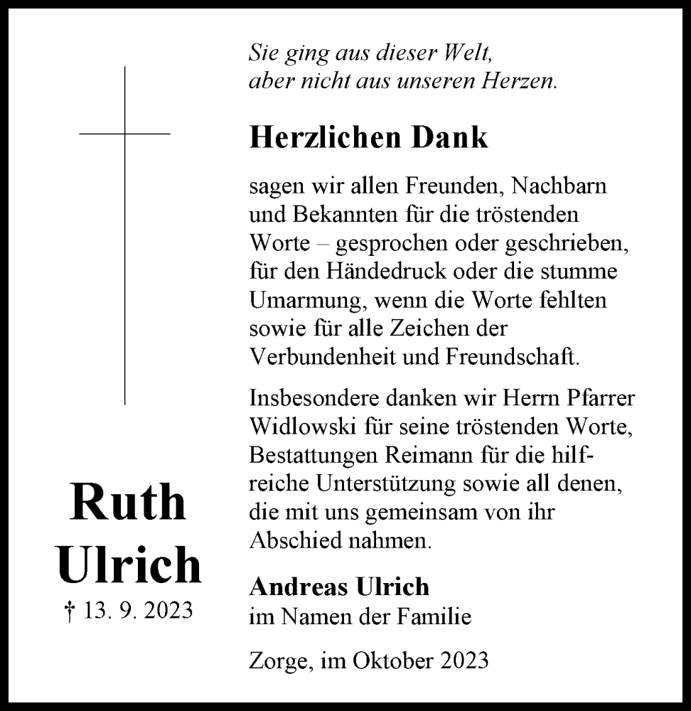  Traueranzeige für Ruth Ulrich vom 28.10.2023 aus Harz Kurier