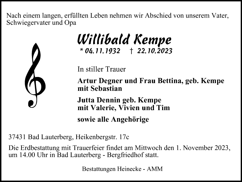  Traueranzeige für Willibald Kempe vom 28.10.2023 aus Harz Kurier