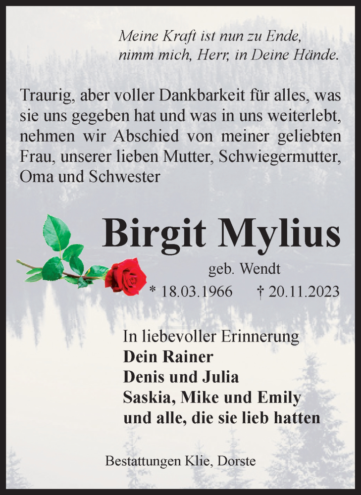  Traueranzeige für Birgit Mylius vom 25.11.2023 aus Harz Kurier
