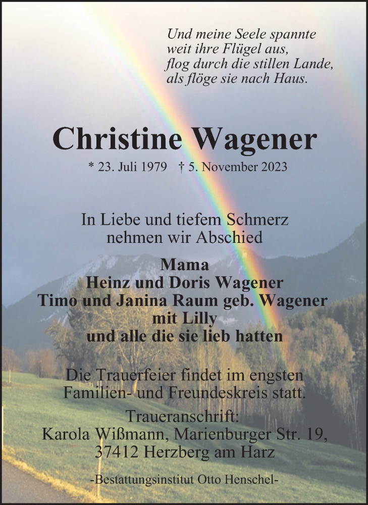  Traueranzeige für Christine Wagener vom 11.11.2023 aus Harz Kurier