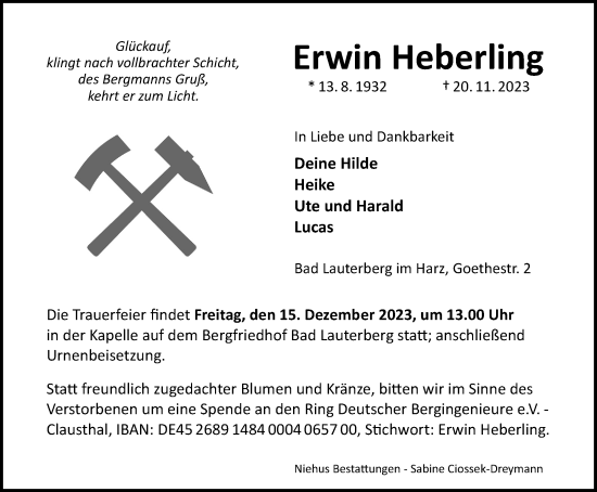 Traueranzeige von Erwin Heberling von Harz Kurier