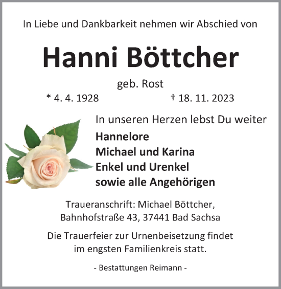 Traueranzeige von Hanni Böttcher von Harz Kurier