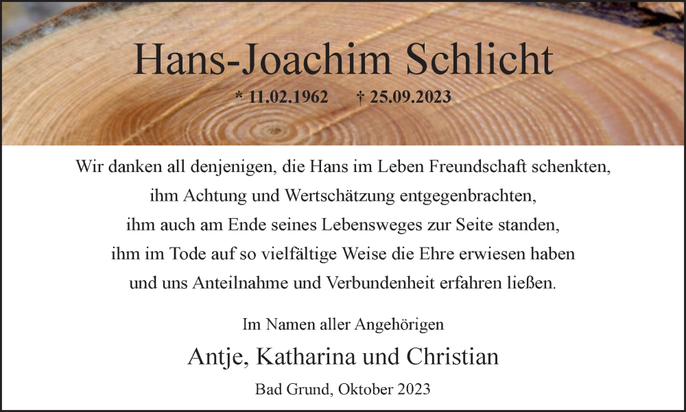  Traueranzeige für Hans-Joachim  Schlicht vom 03.11.2023 aus Harz Kurier