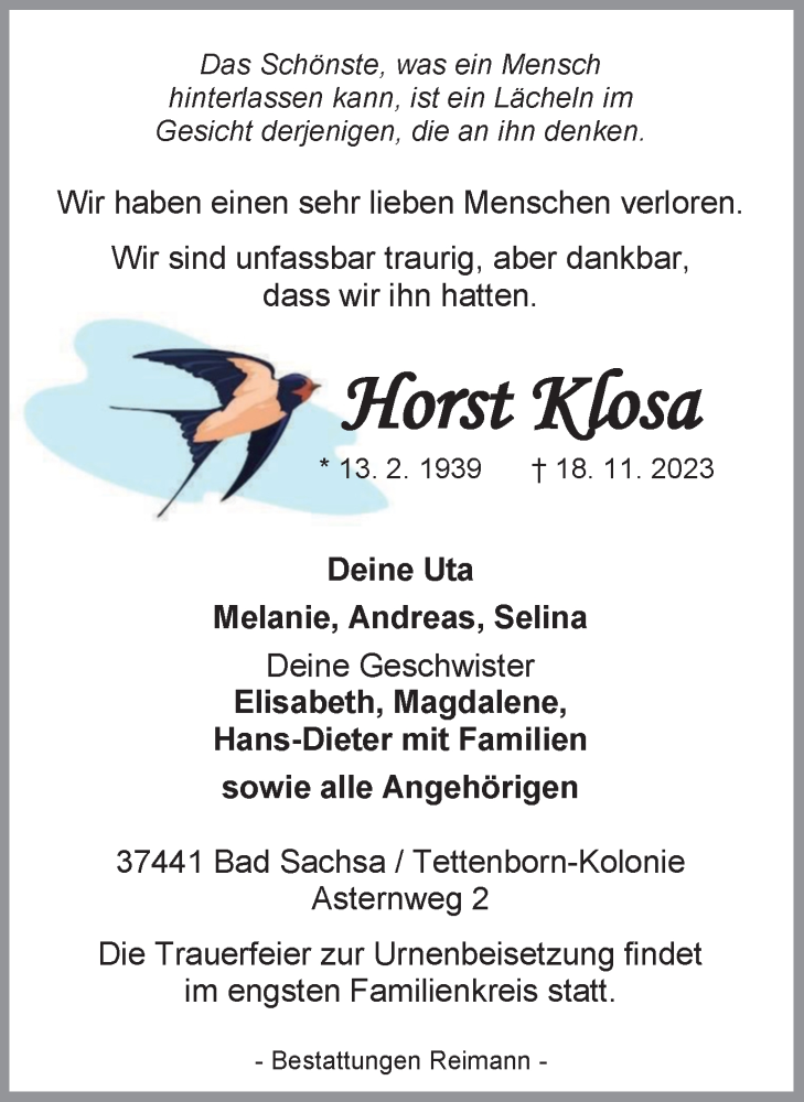  Traueranzeige für Horst Klosa vom 25.11.2023 aus Harz Kurier