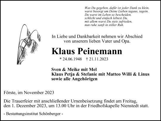 Traueranzeige von Klaus Peinemann von Harz Kurier