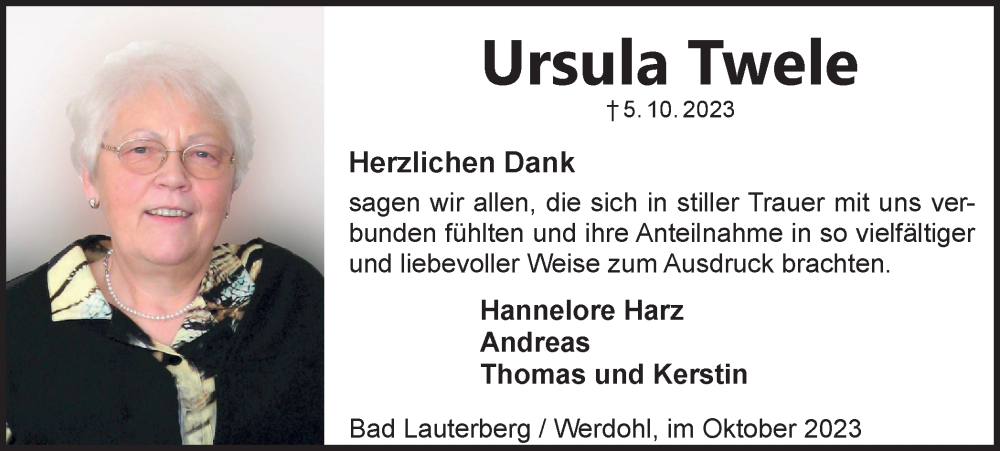  Traueranzeige für Ursula Twele vom 11.11.2023 aus Harz Kurier