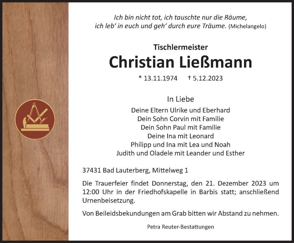  Traueranzeige für Christian Ließmann vom 09.12.2023 aus Harz Kurier