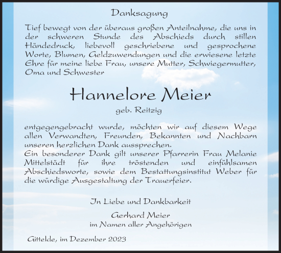 Traueranzeige von Hannelore Meier von Harz Kurier