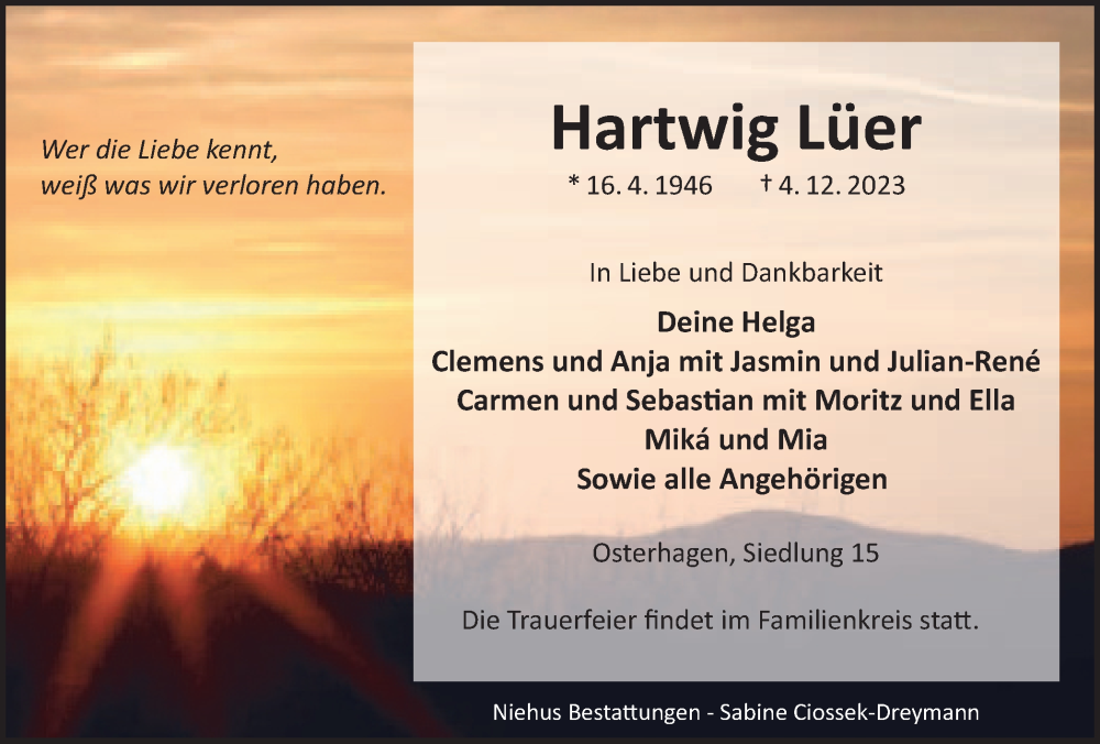  Traueranzeige für Hartwig Lüer vom 09.12.2023 aus Harz Kurier