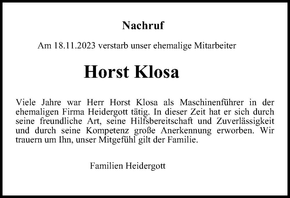  Traueranzeige für Horst Klosa vom 09.12.2023 aus Harz Kurier