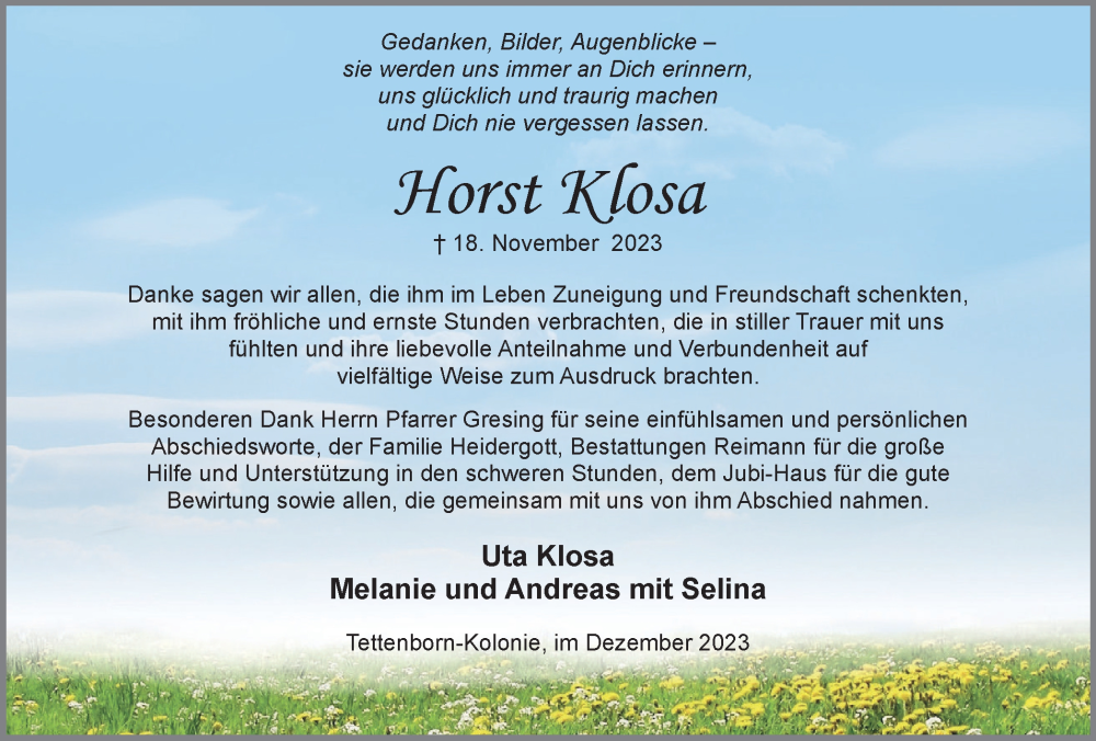  Traueranzeige für Horst Klosa vom 23.12.2023 aus Harz Kurier