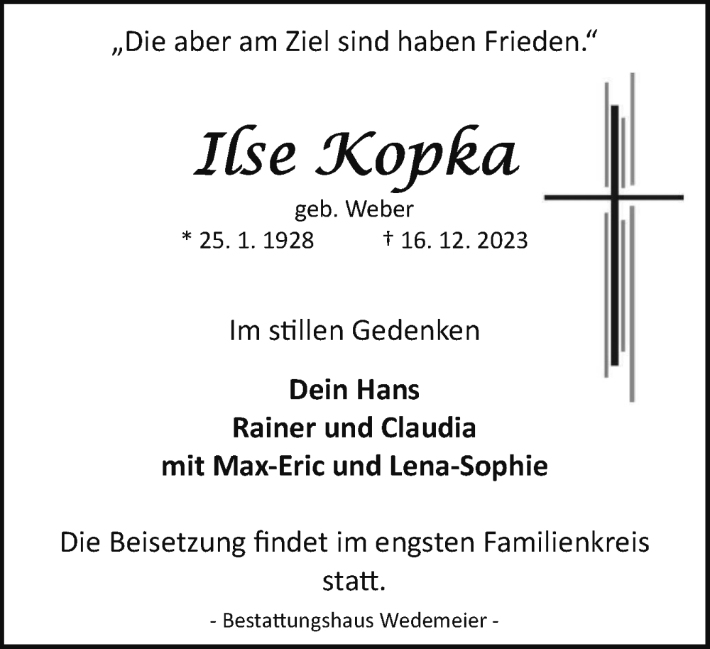  Traueranzeige für Ilse Kopka vom 23.12.2023 aus Harz Kurier